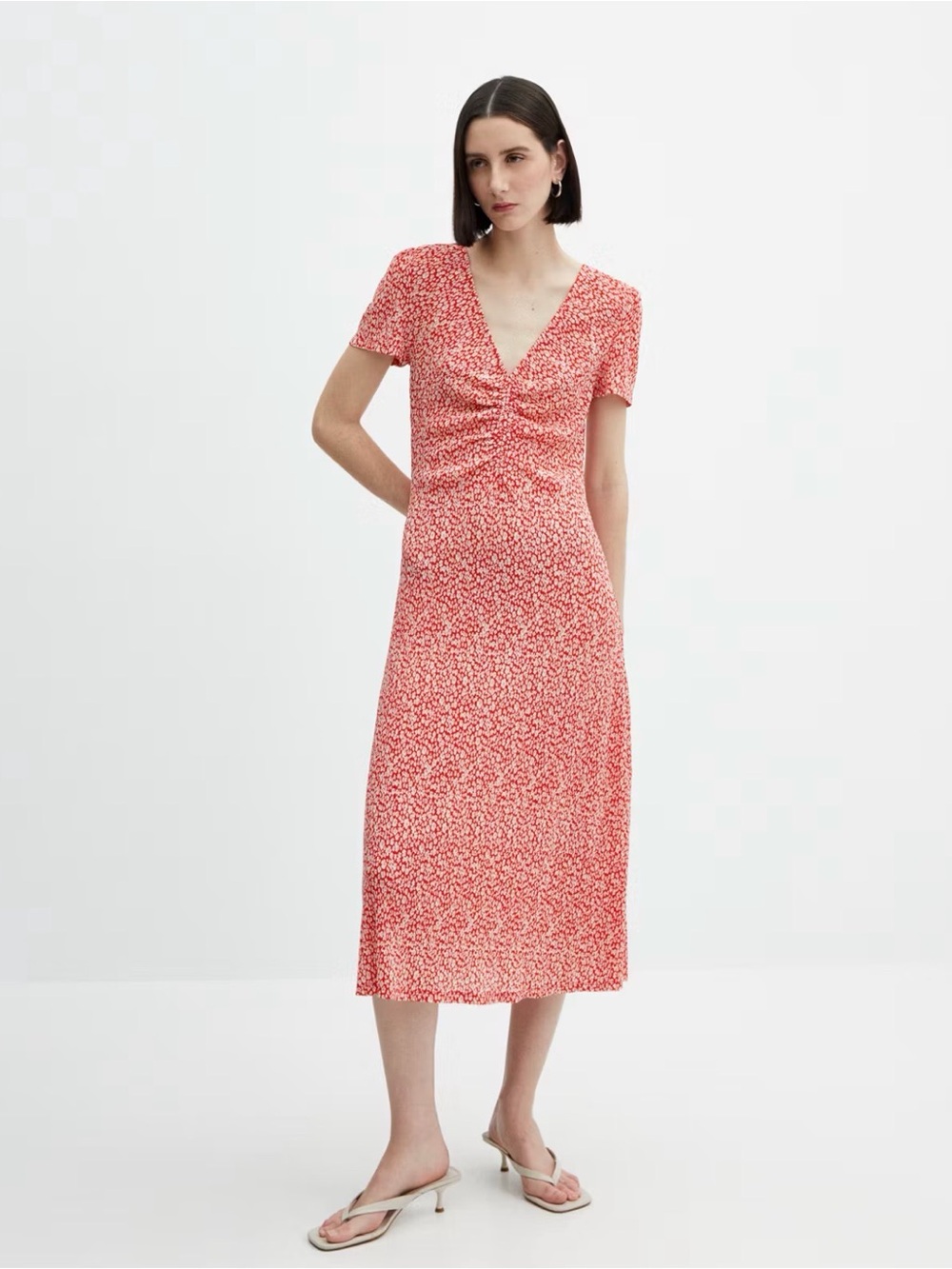Red Floral Ruched Midi Dress - Mango Small